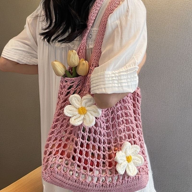 Women's Dusty Pink Crochet Mesh Shoulder Bag with Daisy Flower Accents