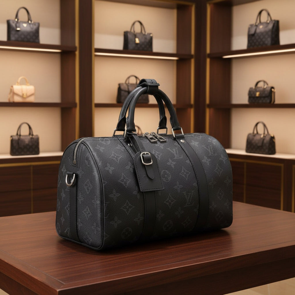Men's Luxury Tonal Black Monogram Canvas Duffle Weekend Bag with Leather Trim