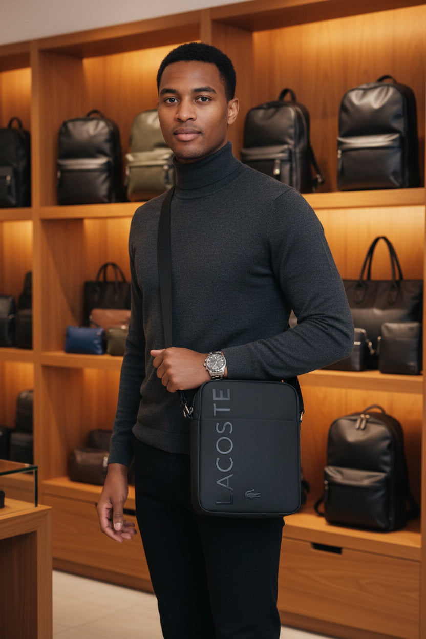 Men's All-Black Embossed Logo Crossbody Shoulder Bag
