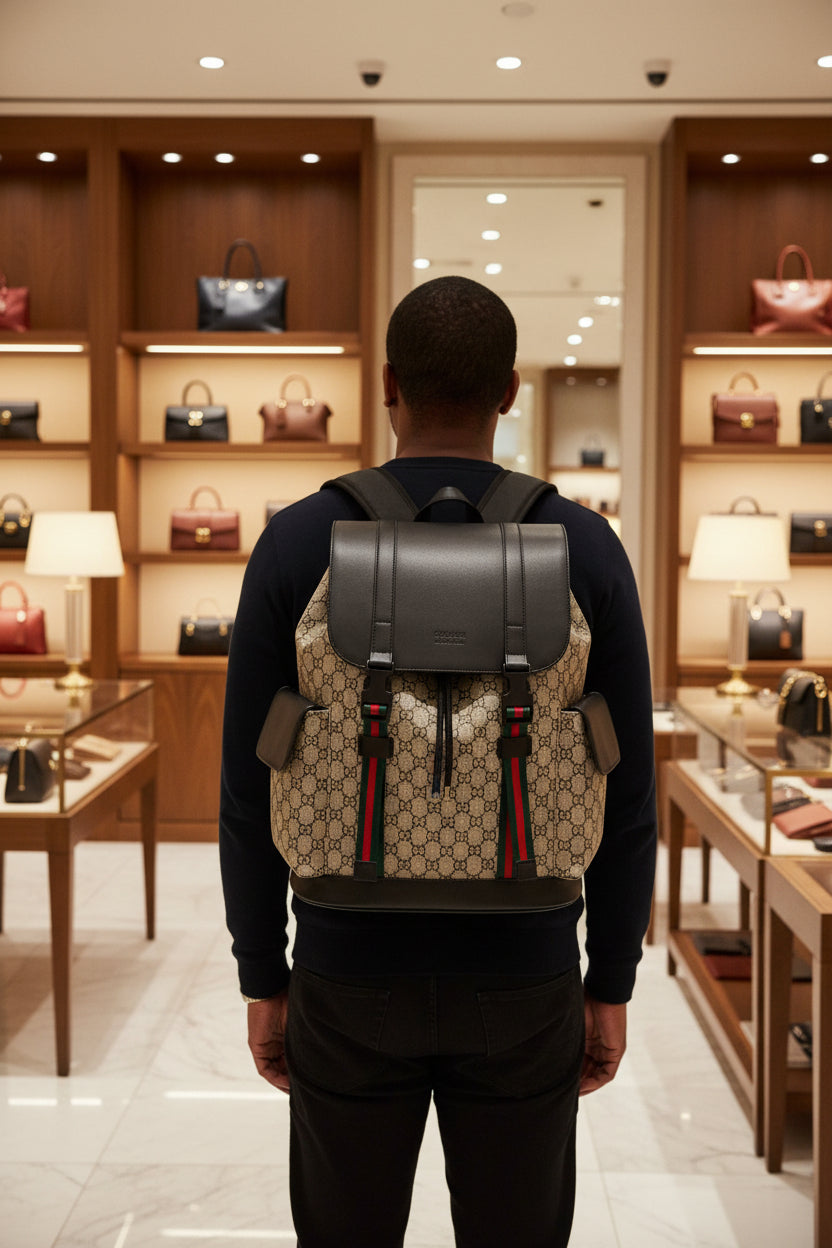 Men's Luxury Monogram Canvas Backpack with Web Stripe Straps & Leather Flap