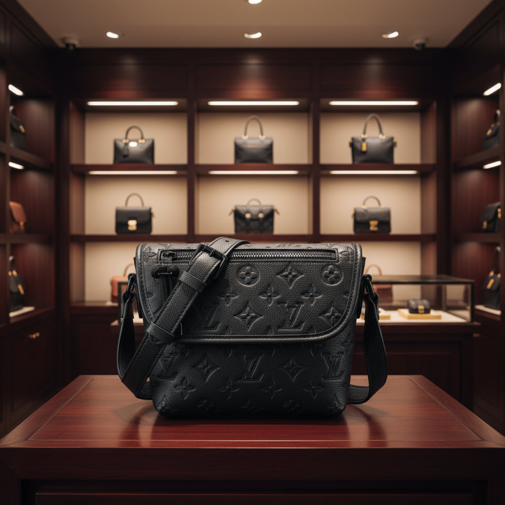 Men's All-Black Embossed Monogram Leather Messenger Crossbody Bag