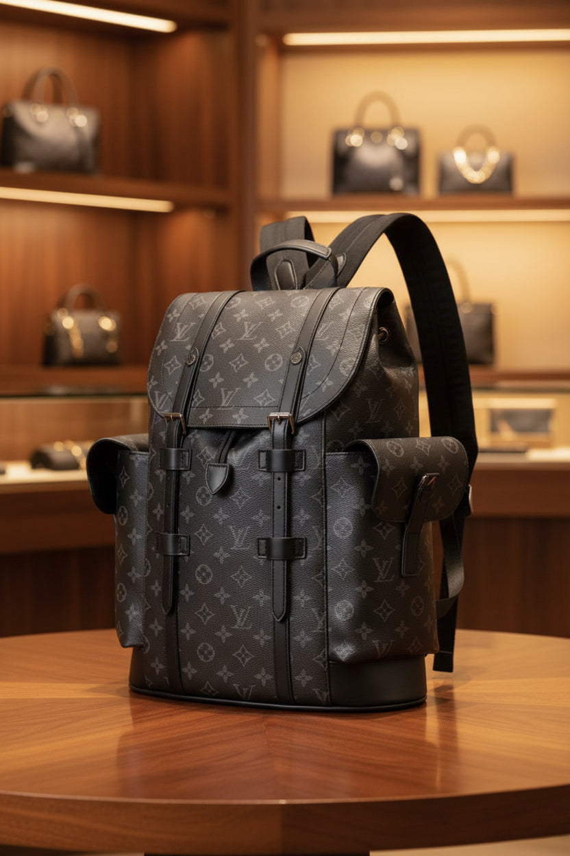 Men's Luxury Tonal Black Monogram Canvas Explorer Backpack with Silver Hardware