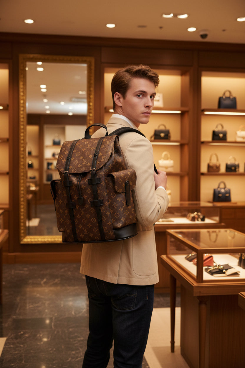 Men's Luxury Monogram Canvas Explorer Backpack with Leather Trim & Buckle Straps