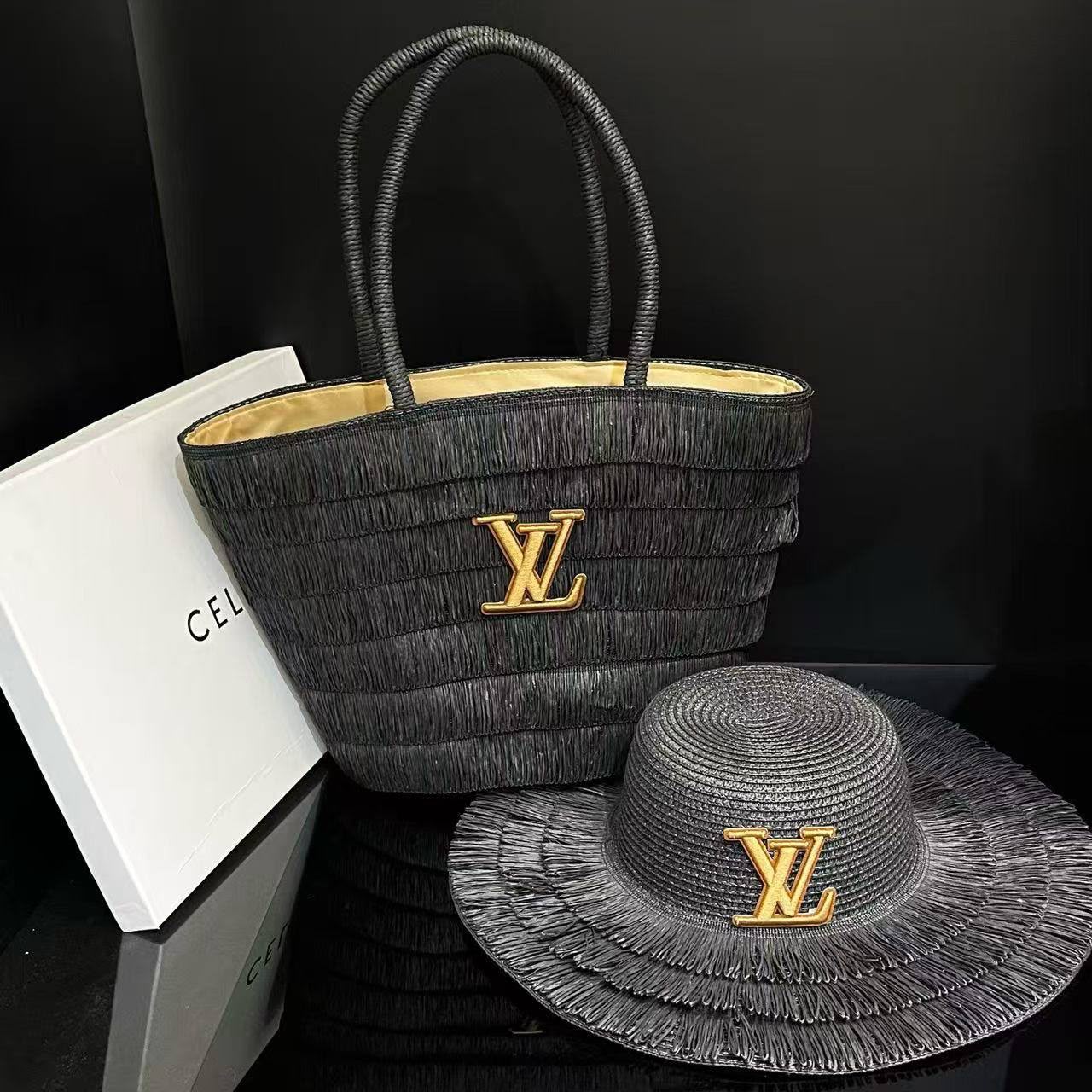 Black Raffia Woven Tote Bag & Sun Hat Set with Gold Logo