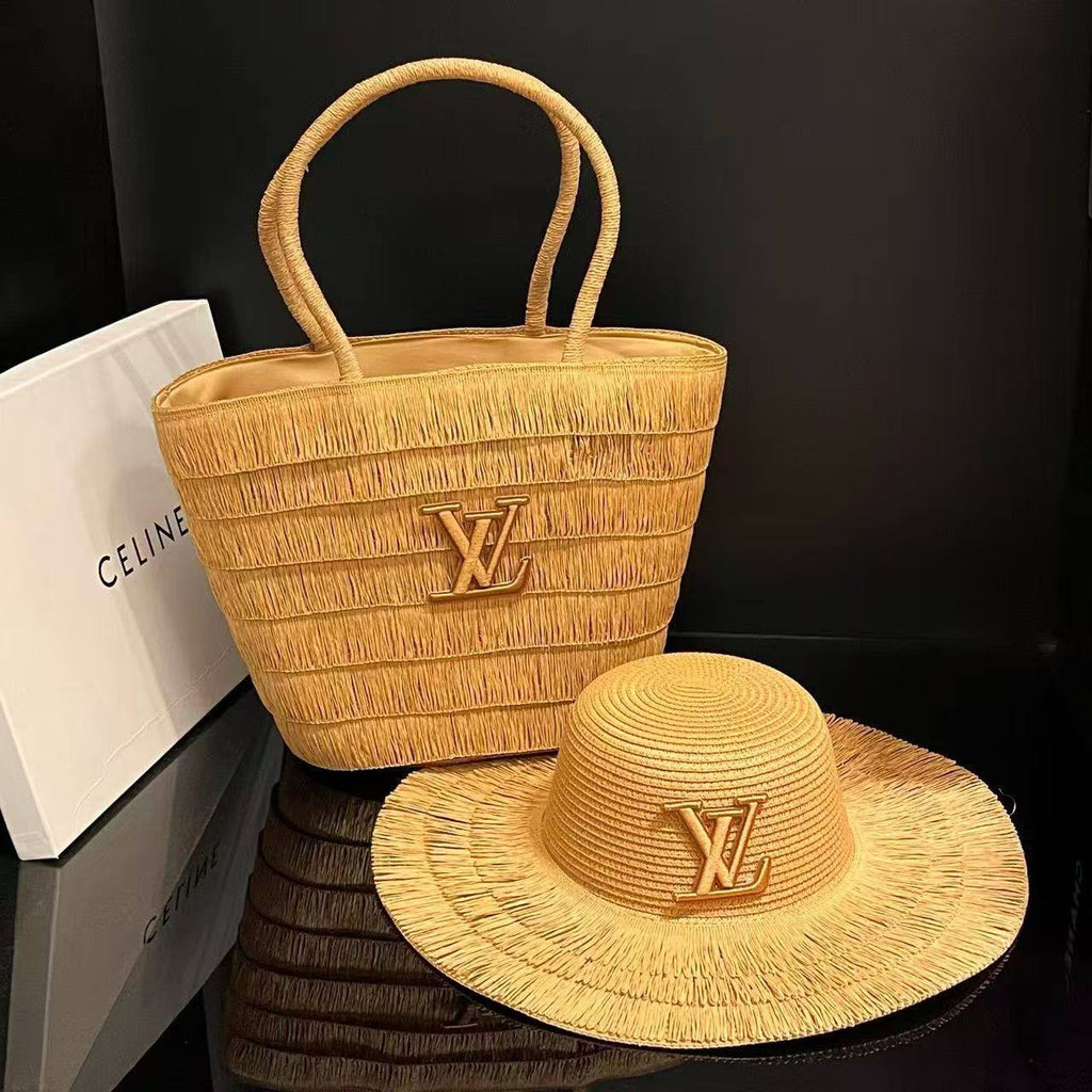 Natural Straw Raffia Tote Bag & Sun Hat Set with Gold Logo