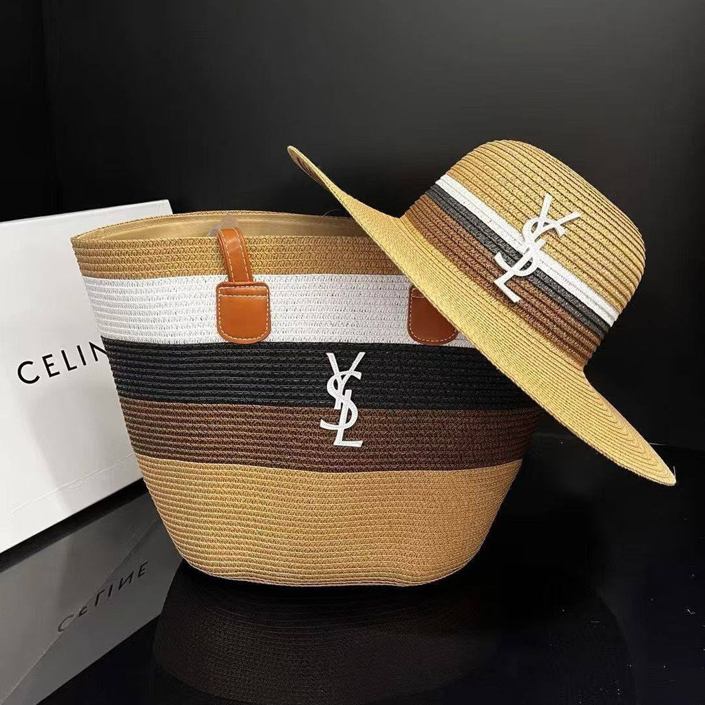 Tan & White Stripe Straw Tote Bag & Sun Hat Set