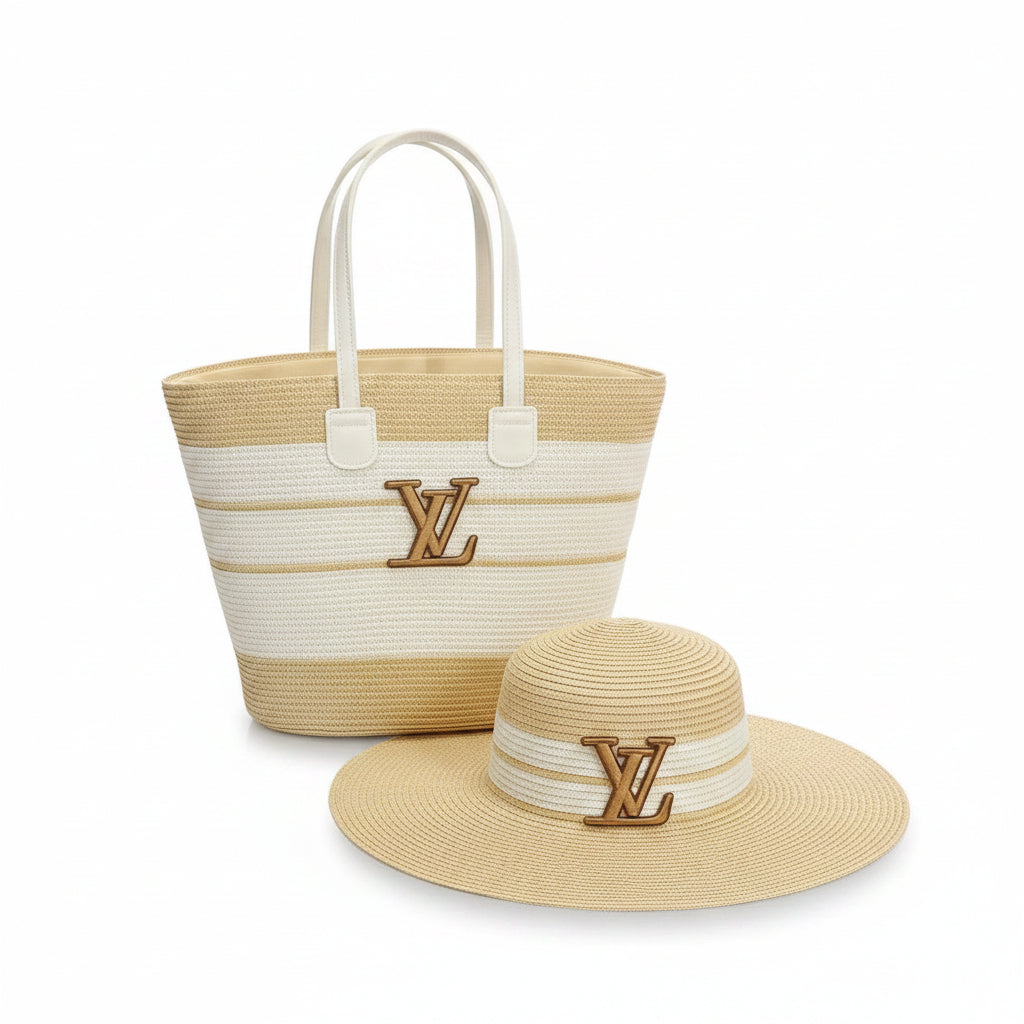 Natural & White Stripe Straw Tote Bag & Sun Hat Set with Gold Monogram Emblem