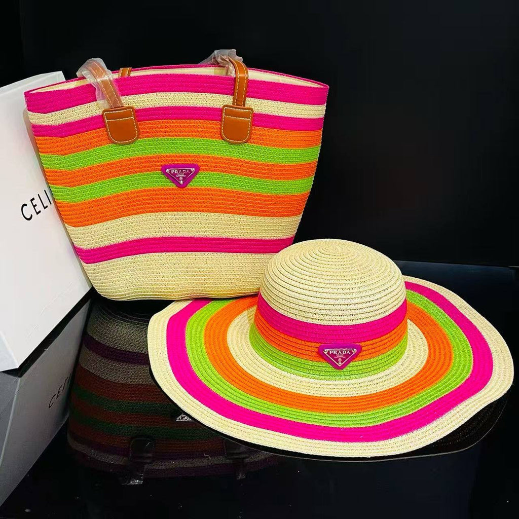 Neon Multi-Stripe Straw Tote Bag & Sun Hat Set