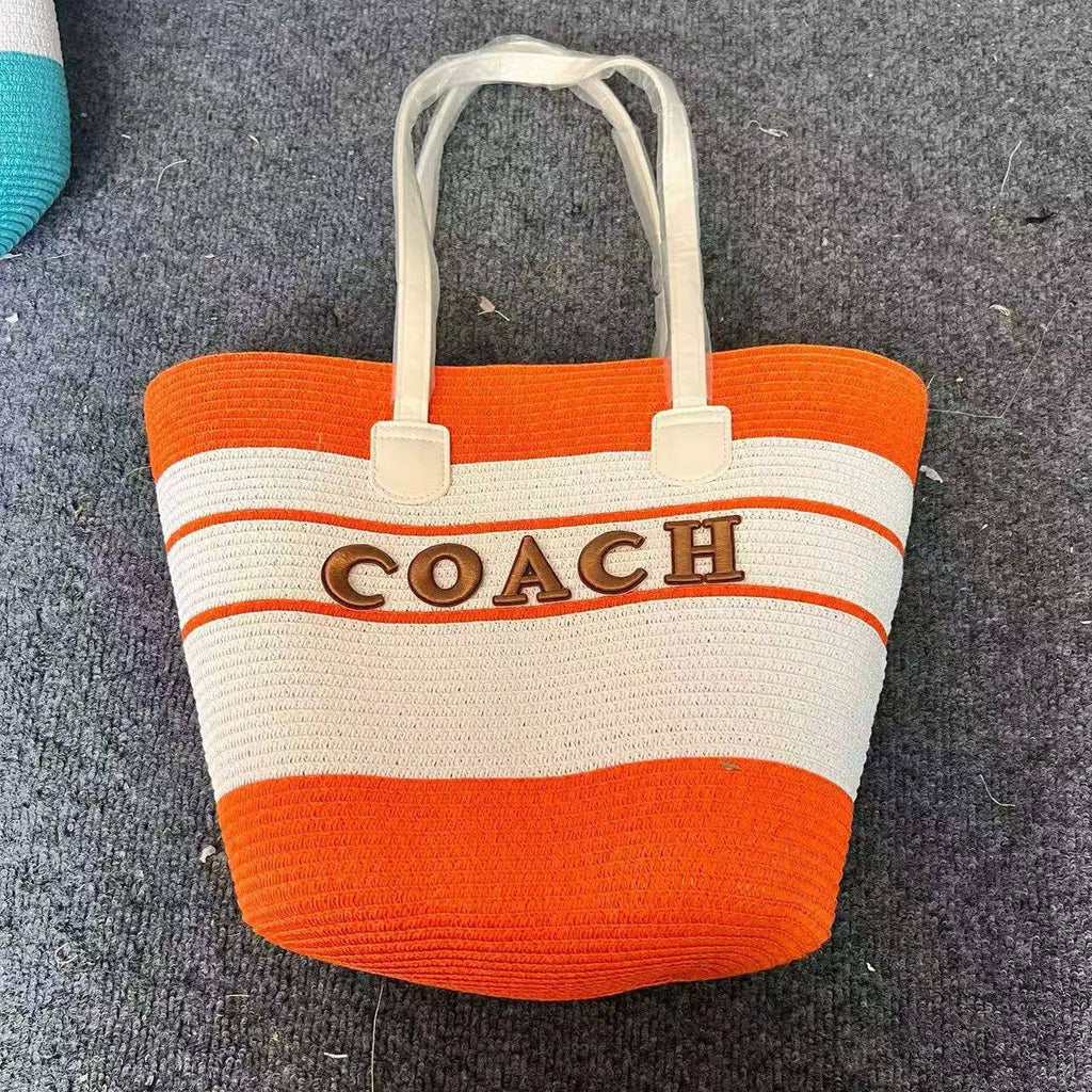 Orange & White Stripe Straw Tote Bag with Gold Letter Emblem