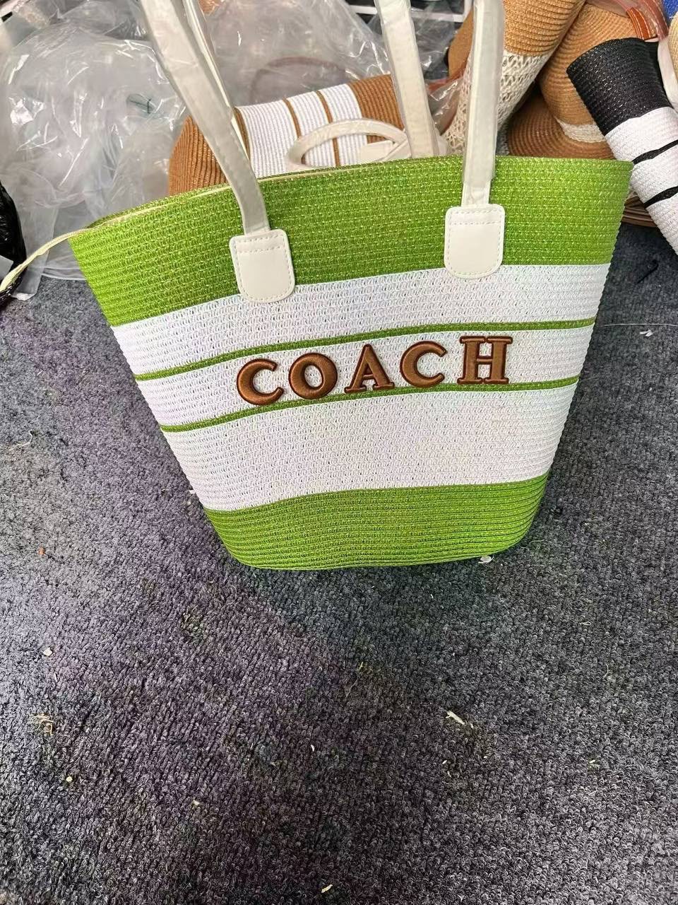 Lime Green & White Stripe Straw Tote Bag with Gold Letter Emblem