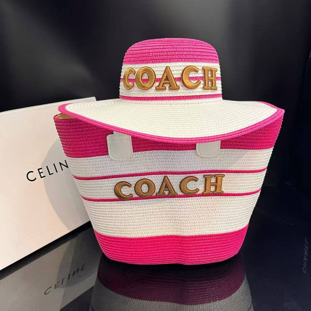 Pink & White Stripe Straw Tote Bag & Sun Hat Set with Gold Letter Emblem
