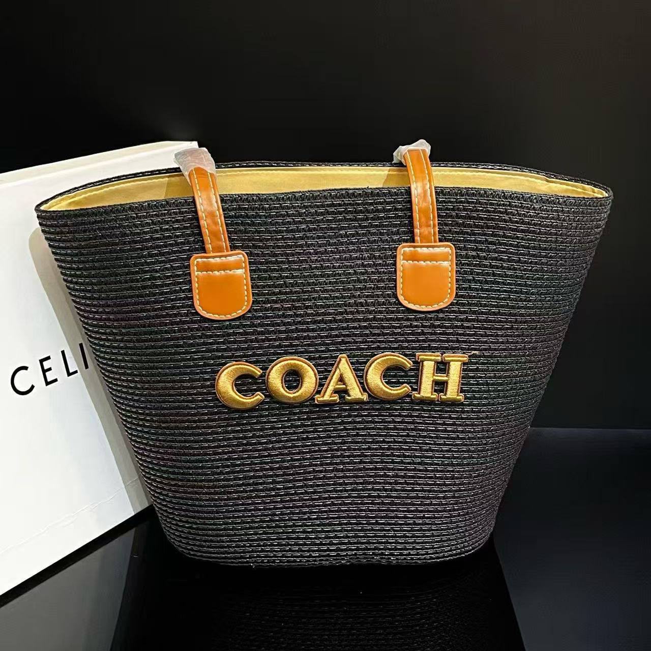 Black Woven Straw Tote Bag with Gold Letter Emblem