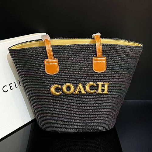 Black Woven Straw Tote Bag with Gold Letter Emblem