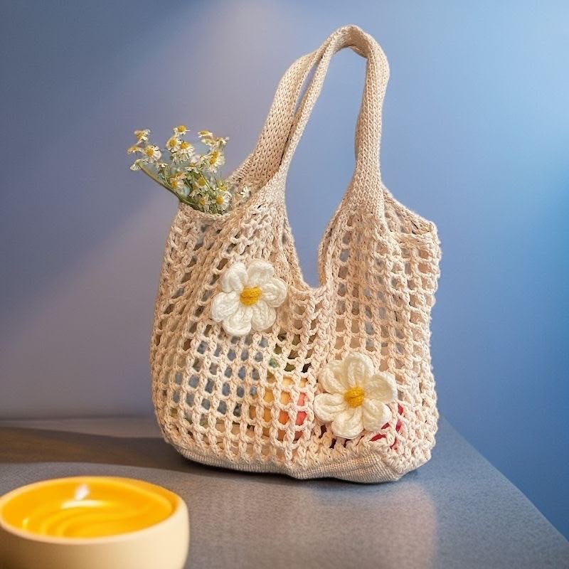 Women's Beige Crochet Mesh Tote Bag with 3D Daisy Flower Accents
