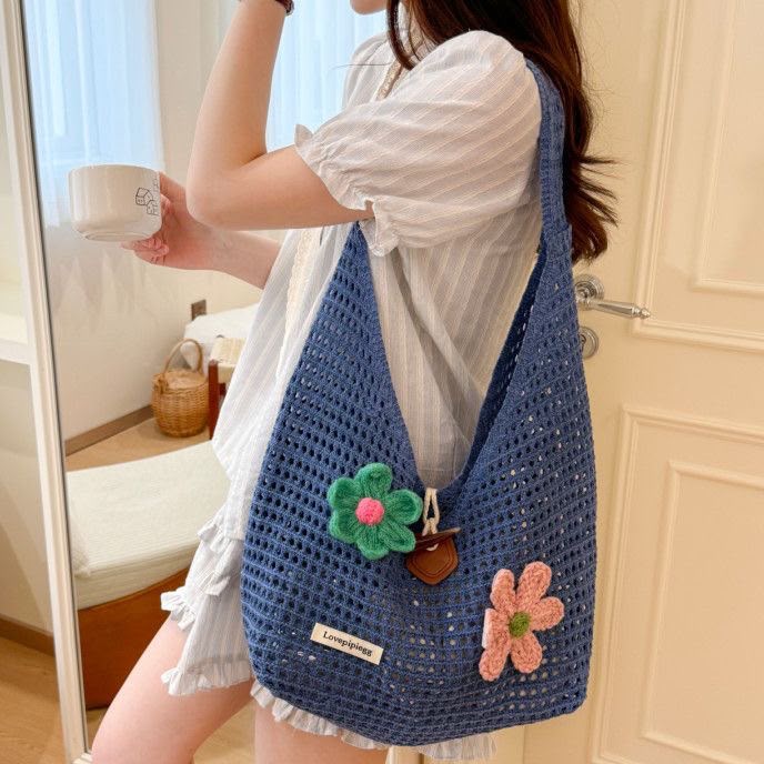 Women's Denim Blue Woven Straw Hobo Bag with Crochet Flower Accents