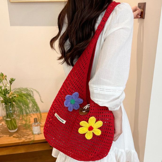 Women's Cherry Red Woven Straw Hobo Bag with Colourful Crochet Flower Accents
