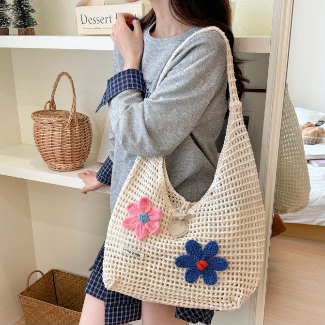 Women's White Woven Straw Hobo Bag with Pink & Navy Crochet Flower Accents