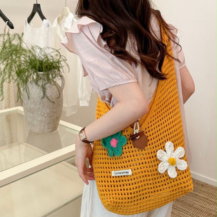 Women's Mustard Yellow Woven Straw Hobo Bag with Teal & White Crochet Flower Accents