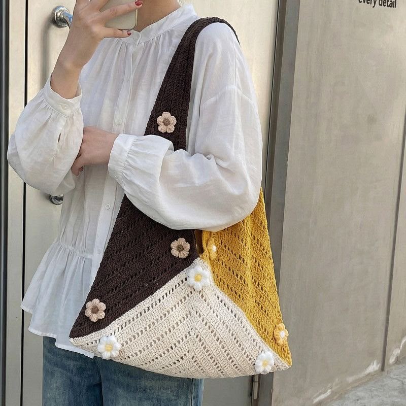 Women's Colour-Block Crochet Hobo Bag with Mini Daisy Embellishments