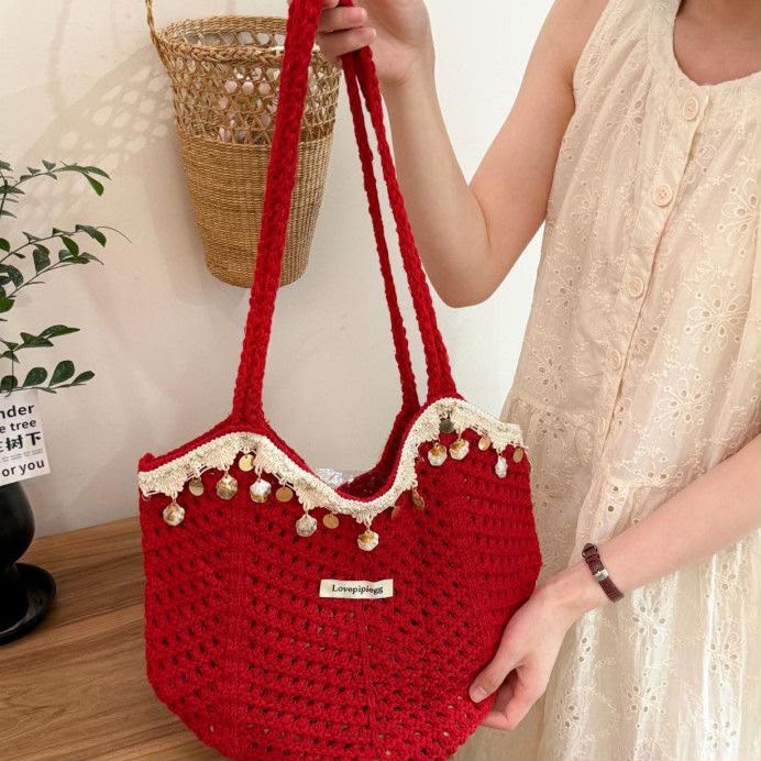 Women's Red Crochet Tote Bag with Lace Trim & Gold Coin Embellishments