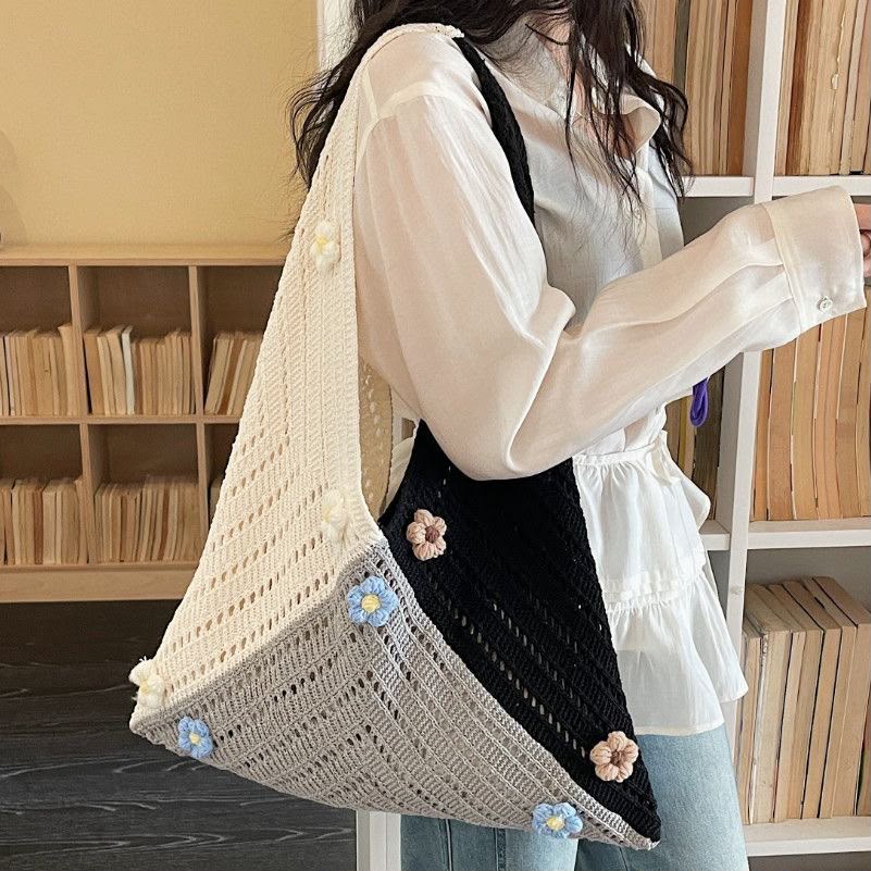 Women's Monochrome Colour-Block Crochet Hobo Bag with Mini Flower Embellishments