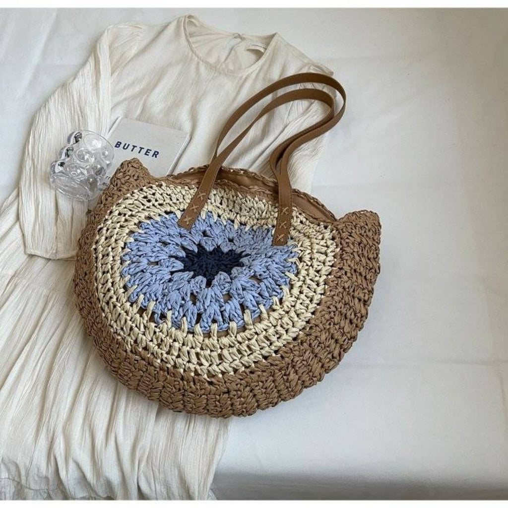 Women's Round Straw Crochet Tote Bag with Blue Granny Square Motif & Leather Handles