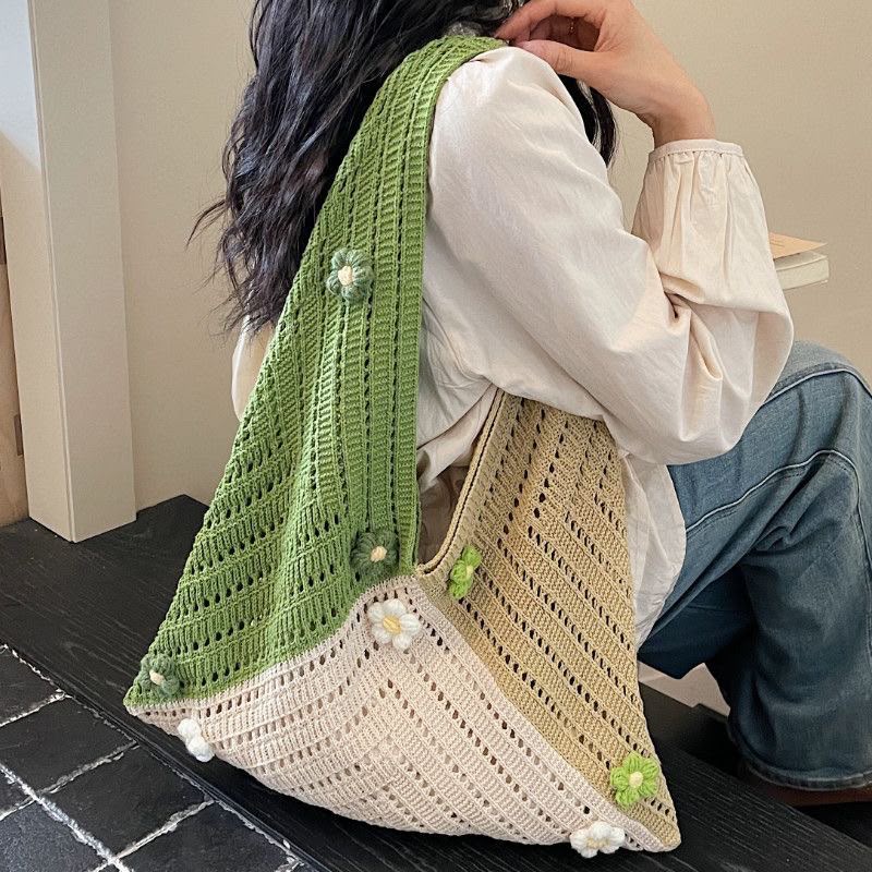 Women's Sage Green & Khaki Colour-Block Crochet Hobo Bag with Daisy Embellishments