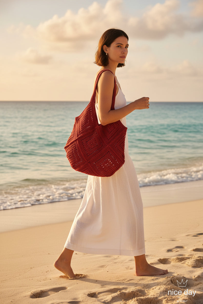 Women's Oversized Cherry Red Crochet Hobo Tote Bag with Diamond Lattice Pattern