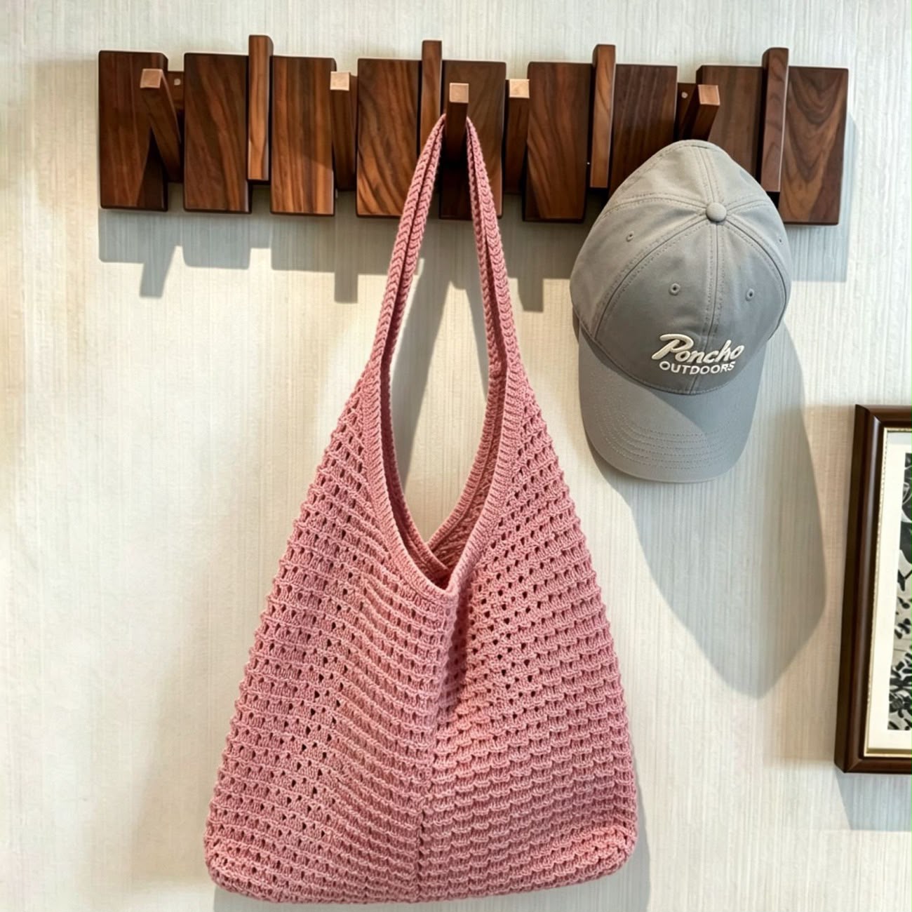 Women's Oversized Dusty Rose Crochet Hobo Tote Bag with Chevron Weave Pattern