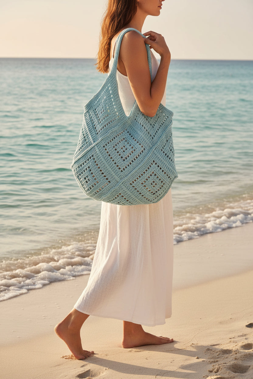 Women's Oversized Powder Blue Crochet Hobo Tote Bag with Diamond Lattice Pattern