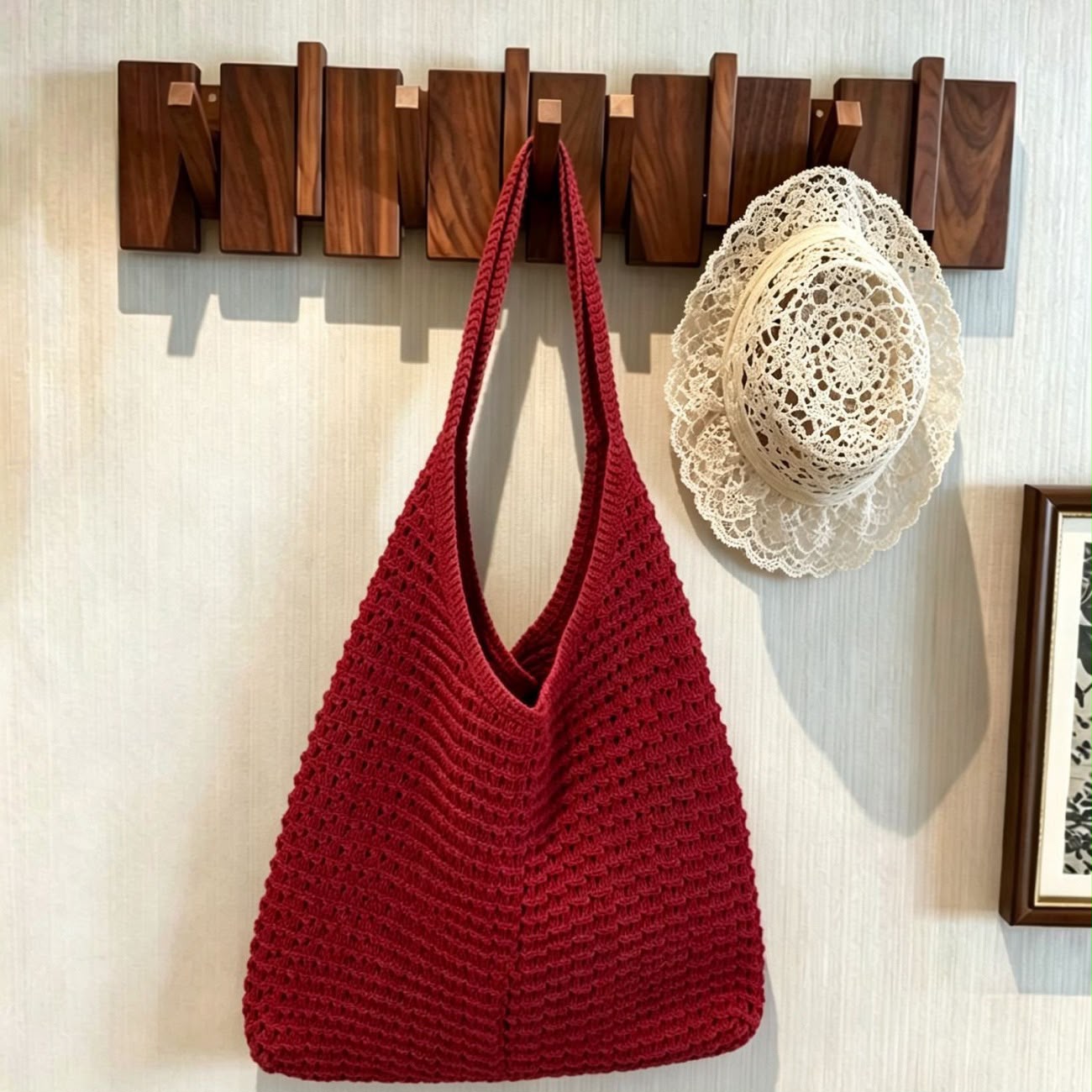 Women's Cherry Red Woven Raffia Hobo Bag with Triangular Silhouette