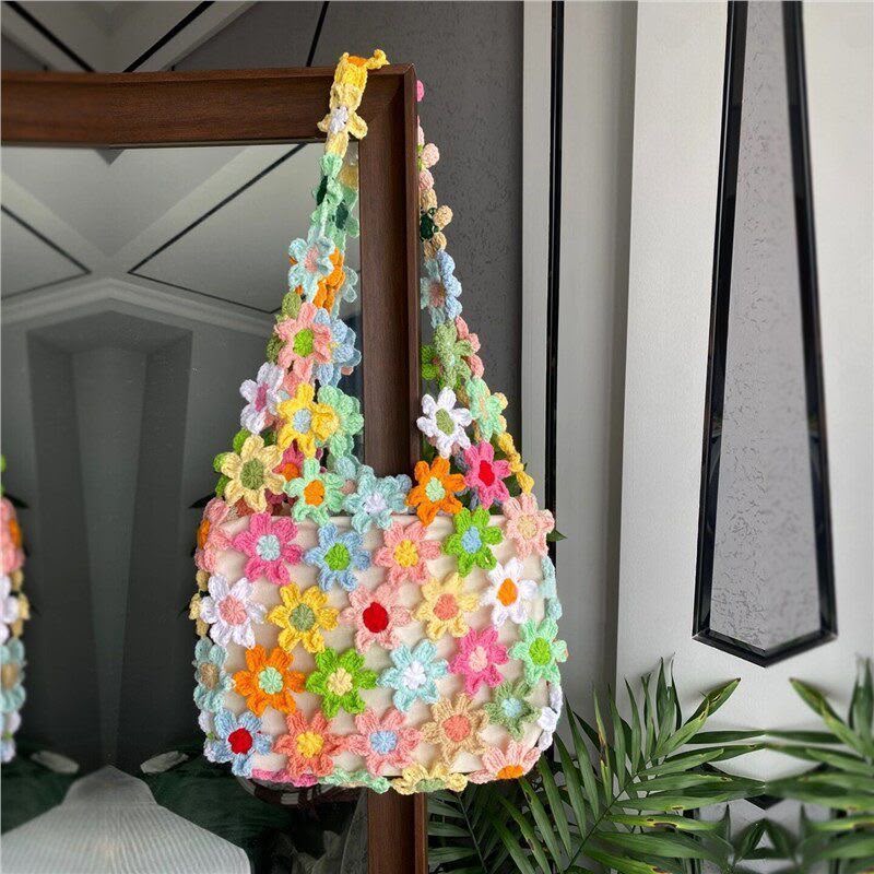 Women's Rainbow Daisy Crochet Flower Hobo Bag – Fully Handcrafted