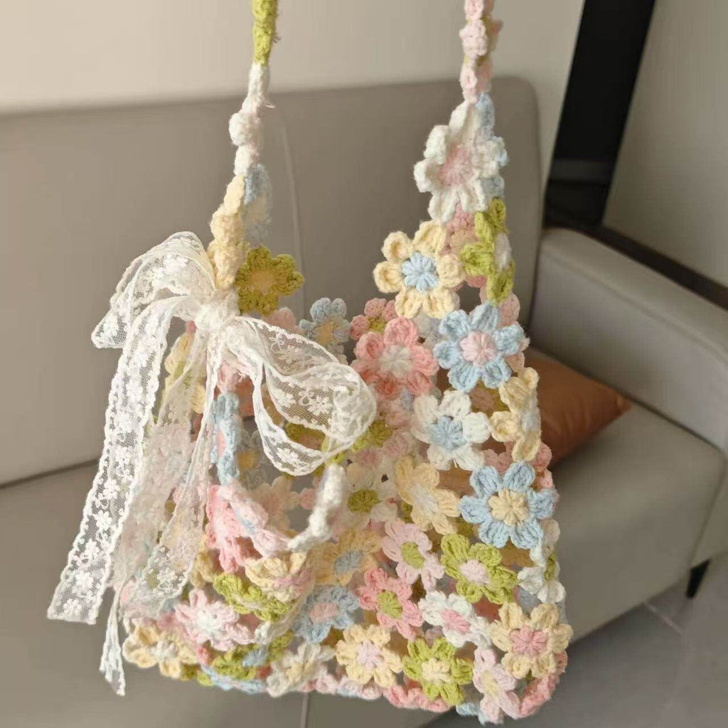 Women's Pastel Daisy Crochet Flower Hobo Bag with Organza Bow – Fully Handcrafted