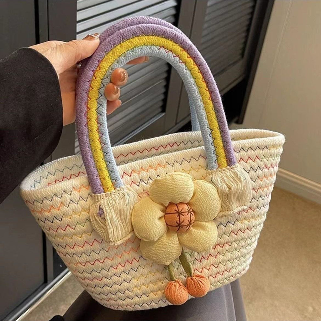 Women's Cream Woven Straw Basket Tote with Rainbow Handle & 3D Flower Charm