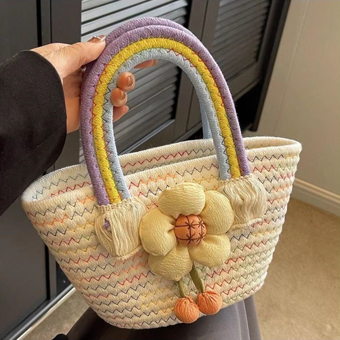 Women's Cream Woven Straw Basket Tote with Rainbow Handle & 3D Flower Charm