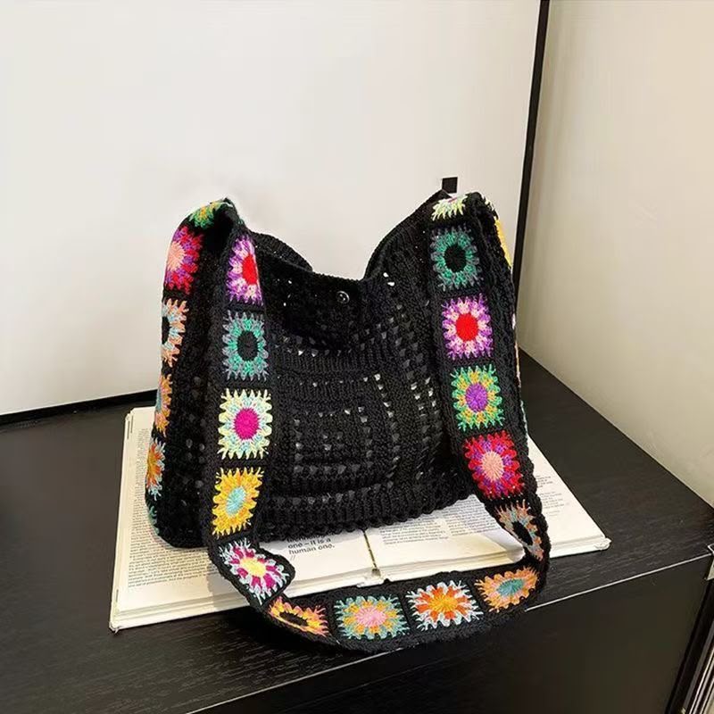 Women's Black Granny Square Crochet Crossbody Bag with Multicolour Sunflower Motifs