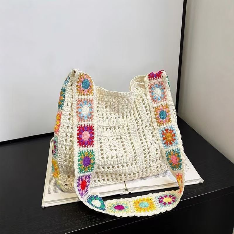 Women's Cream Granny Square Crochet Crossbody Bag with Multicolour Sunflower Motifs