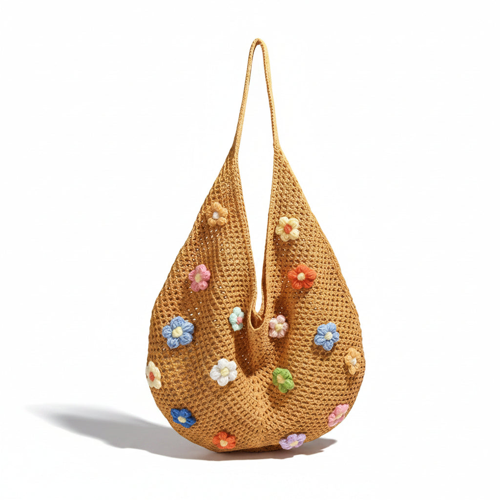Women's Natural Tan Woven Straw Crescent Hobo Bag with Multicolour 3D Flower Appliqués