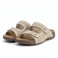 Embroidered Double-Strap Slide Sandals — Sand Beige