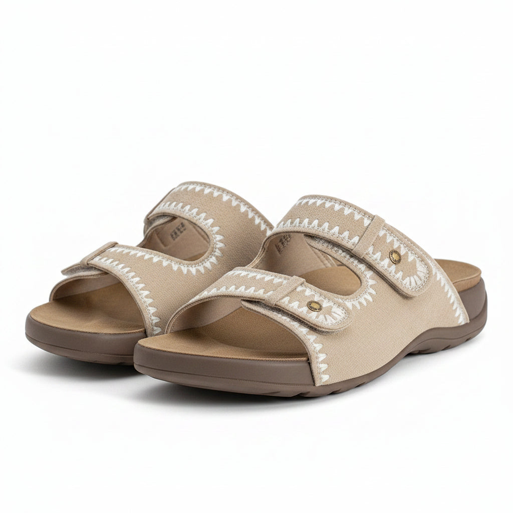 Embroidered Double-Strap Slide Sandals — Sand Beige