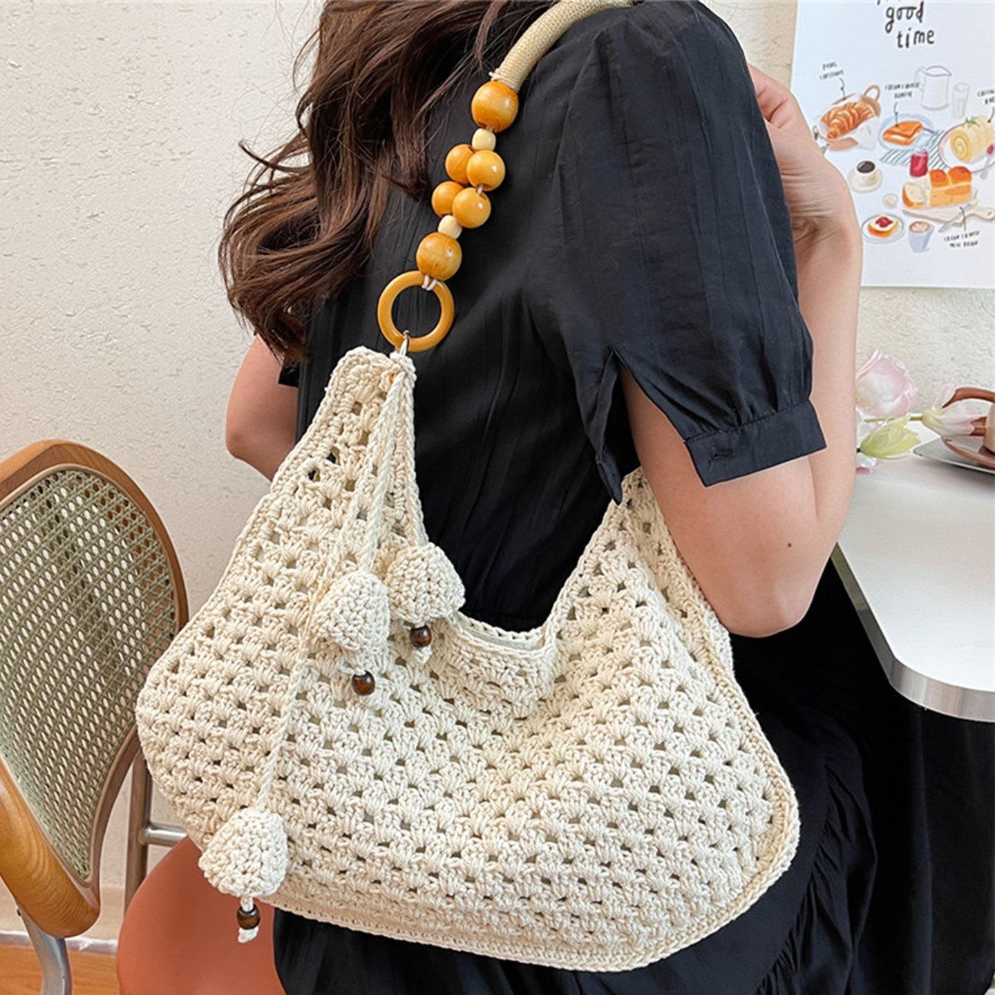 Women's Cream Crochet Hobo Bag with Wooden Bead Handle & Shell Charm