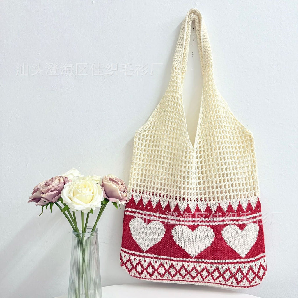 Women's Cream Crochet Mesh Shoulder Bag with Red Heart Knit Panel