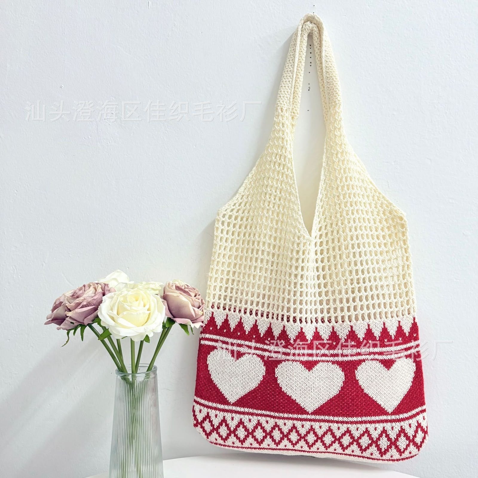Women's Cream Crochet Mesh Shoulder Bag with Red Heart Knit Panel