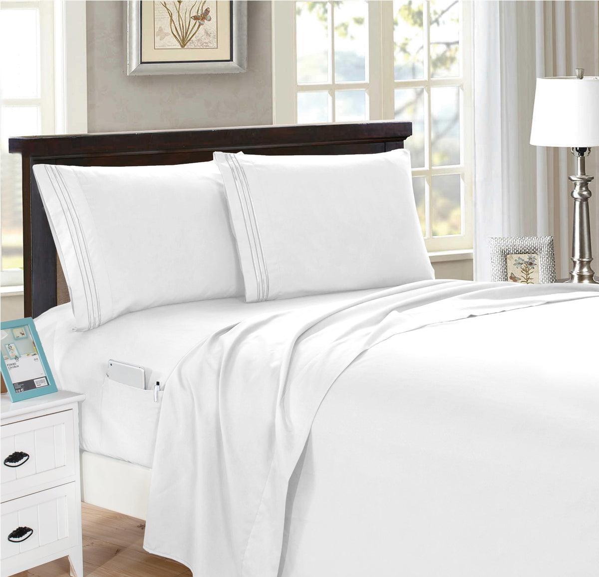 Elegant Comfort 4 Piece Smart Pocket Sheet Set - Features Double Sided Storage Pockets on Fitted Sheet