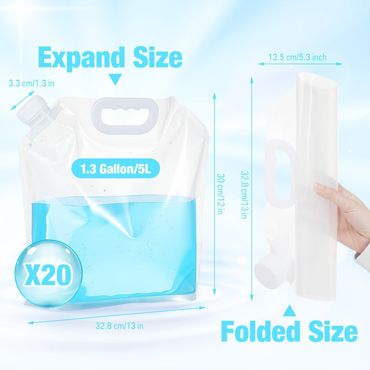 Collapsible Water Bags 20 Pack – 1.3 Gallon Each (26 Gallons Total) Food-Grade Clear Foldable Plastic Water Storage Containers for Emergency, Camping & Outdoor Use