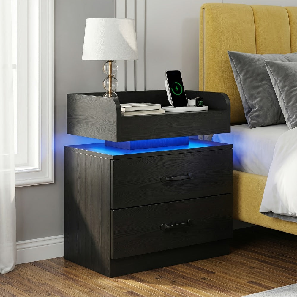 Bedside Table in Black or White in a Tray-Top Two-Drawer Charging Station Nightstand Design with LED Light