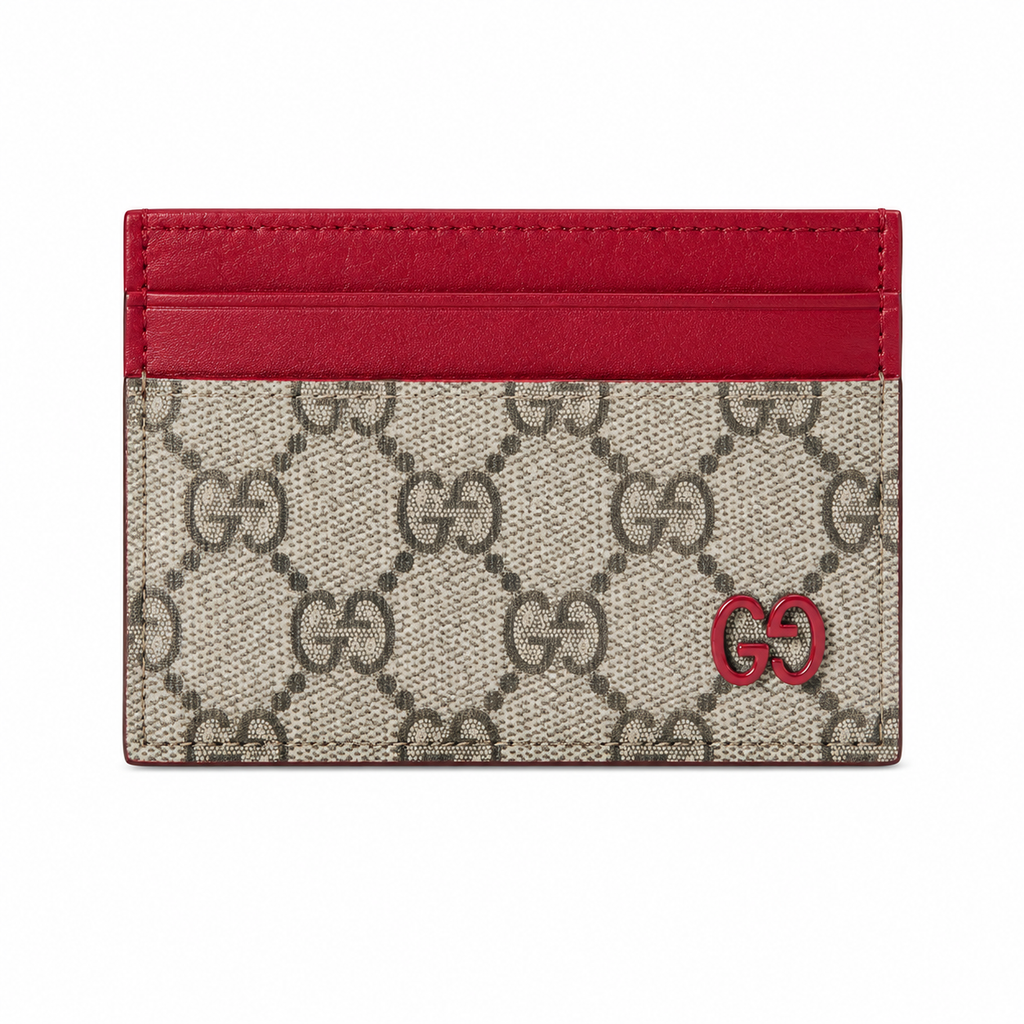 Gucci GG Supreme Card Holder – Beige Canvas Coloured Leather Trim Lacquered GG