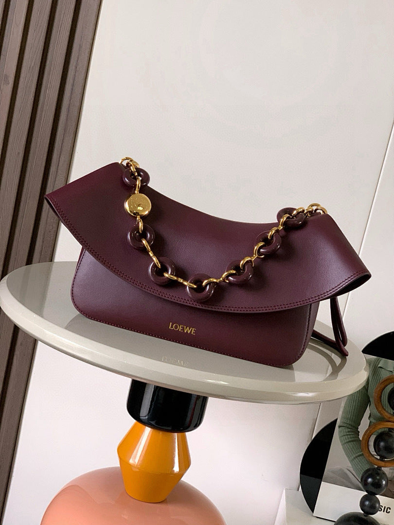 Loewe Cubi Shoulder Bag – Burgundy Deep Wine Smooth Calfskin Gold Resin Chain