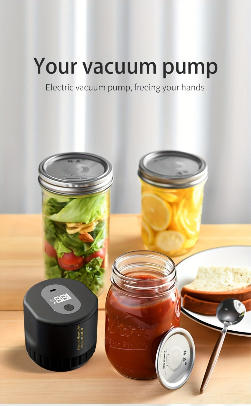 Vacuum Sealer Kit with Regular- and Wide-Mouth Adapters and Lid Accessories and Charging Cable