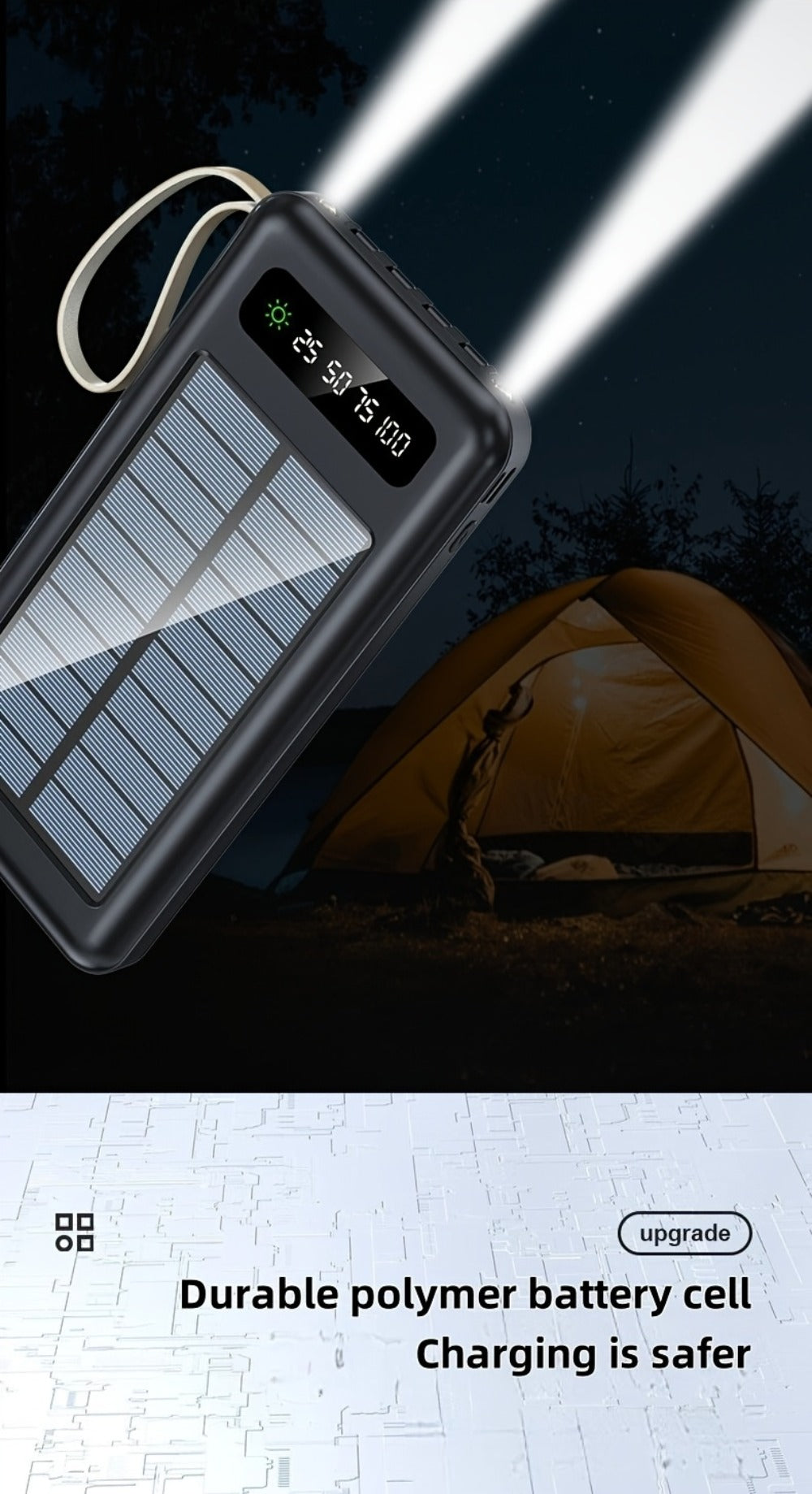Solar Power Bank for Portable Device Charging, Built-In Cables and Digital Display, 10000-30000mAh